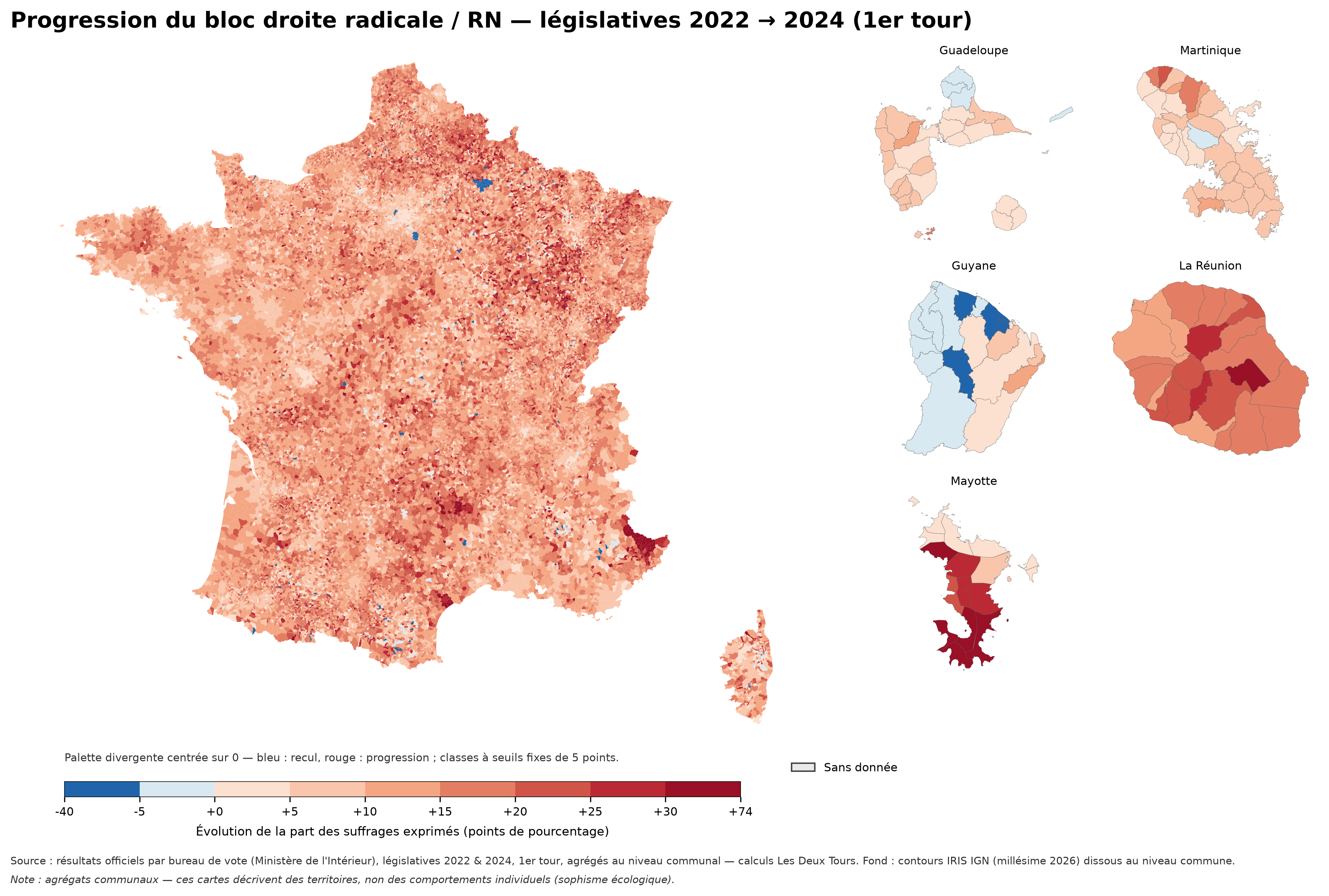 Carte de France par commune montrant l'ampleur de la progression du RN entre les premiers tours des législatives 2022 et 2024, plus marquée dans les territoires ruraux et périurbains.